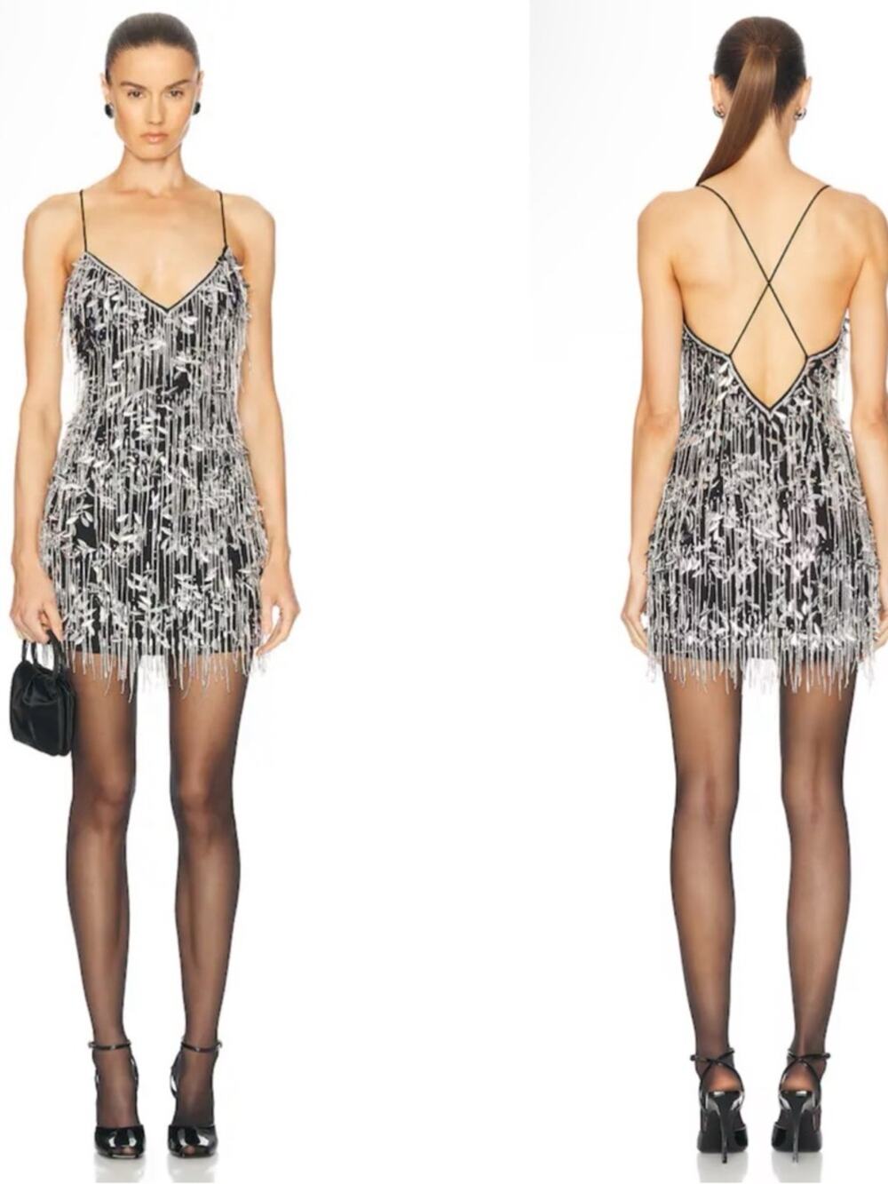 RETROFETE Haven Crystal Sequin Embellished Fringe Black Mini Dress Size Small
